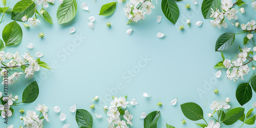 spring composition of spring leaves and flowers on a pastel background, top view