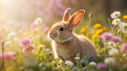 Adorable bunny in forest light among spring wildflowers