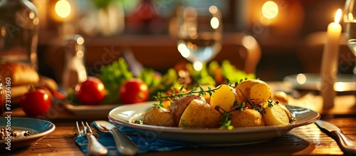 A dish of potatoes is placed on a wooden table, showcasing natural foods and its essential ingredient for recipe creation.
