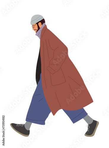 Man wearing modern street fashion winter, spring, autumn outfit walking side view. Stylish male character in coats, beanie hat, sneakers, casual clothes. Vector illustration on white background.
