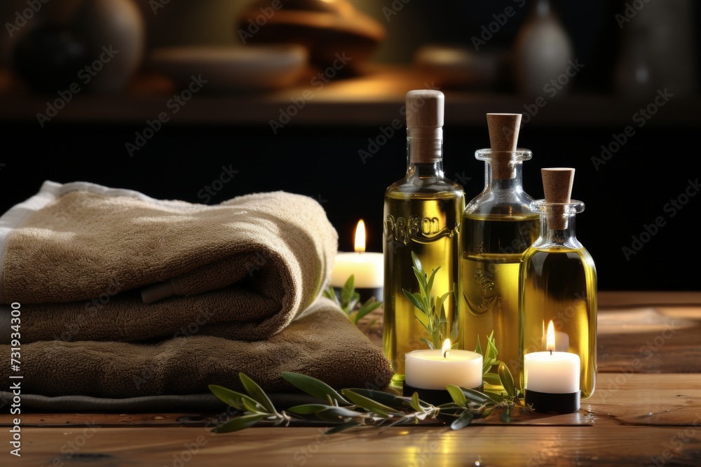 a set of oils and spa towels on a wooden surface, warm light, massage oil in the spa center a set of oils and spa towels on a wooden surface, warm light, massage oil in the spa center
