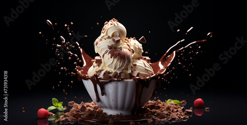 Chocolate ice cream in a bowl with splash on a black background Chocolate ice cream with cherry and chocolate splash on a black background