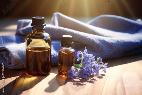 a set of oils and spa towels on a wooden surface, warm light, blurred background with bluish accents