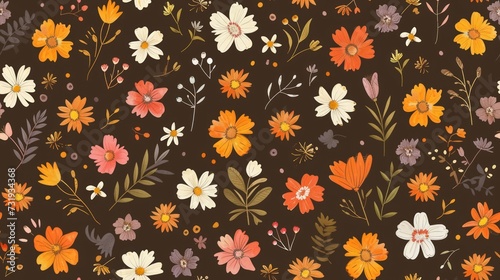 flower, doodle, seamless pattern, on brown background. Generative Ai © Passtudio