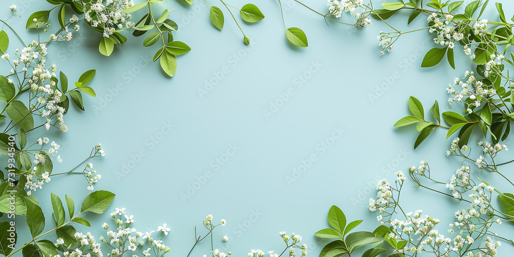 spring composition of spring leaves and flowers on a pastel background, top view spring composition of spring leaves and flowers on a pastel background, top view