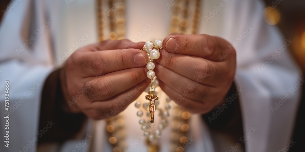 Funeral, religion and hands with rosary for memorial service, death