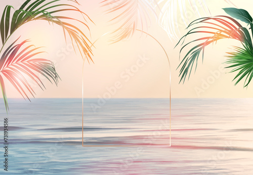 Fototapeta Naklejka Na Ścianę i Meble -  Scenic pink and yellow ocean sunrise view vector design frame. Tranquil costline horizontal panorama card