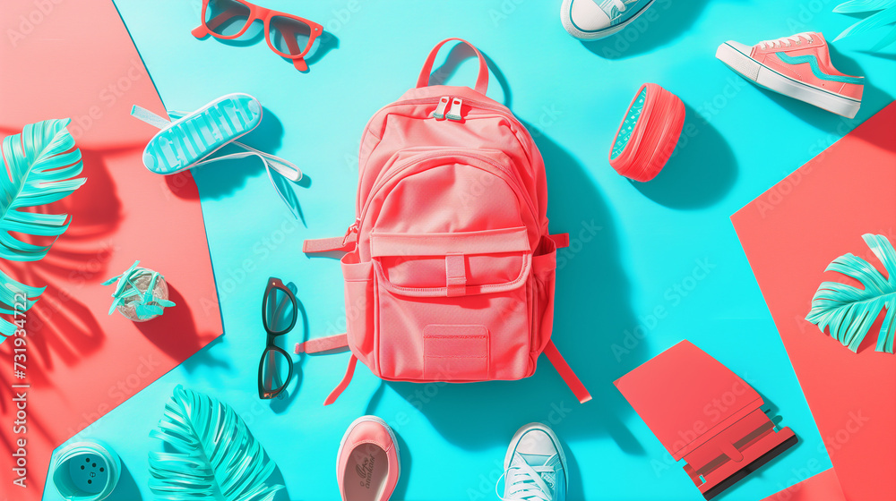 Flat lay composition of a light red school backpack with sneakers, sunglasses and case in the style of light turquoise and red, on the backdrop with colored leaves. Back to school concept. Flat lay composition of a light red school backpack with sneakers, sunglasses and case in the style of light turquoise and red, on the backdrop with colored leaves. Back to school concept.