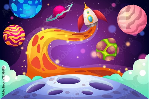Galaxy Background With Colorful Planets Rocket Template 4