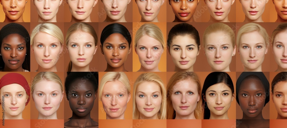 A composite portrait featuring mug shots of serious young women from diverse ethnicities, races, and geographical backgrounds worldwide