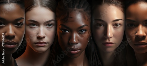 A composite portrait featuring mug shots of serious young women from diverse ethnicities, races, and geographical backgrounds worldwide