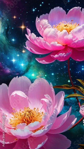 A digitally created image depicting a radiant pink flower in full bloom set against an ethereal cosmic backdrop with stars and nebula effects.