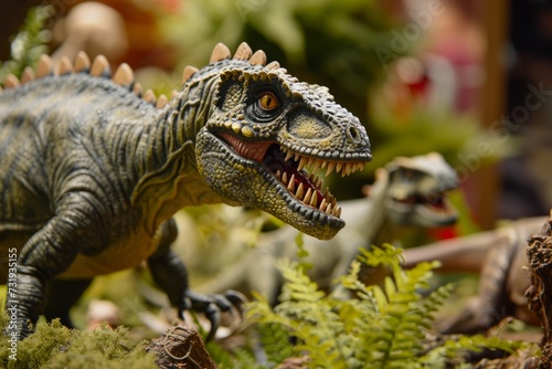 Dangerous angry aggressive roaring Tyrannosaurus rex dinosaur velociraptor raptor dino plastic toy model figure sharp teeth prehistoric extinct carnivore animal simulation jungle indoor history museum