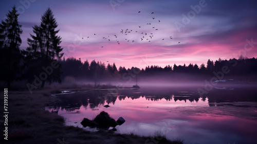 A misty lakeside at twilight with pink skies reflecting in the water, silhouetted trees, and birds flying above