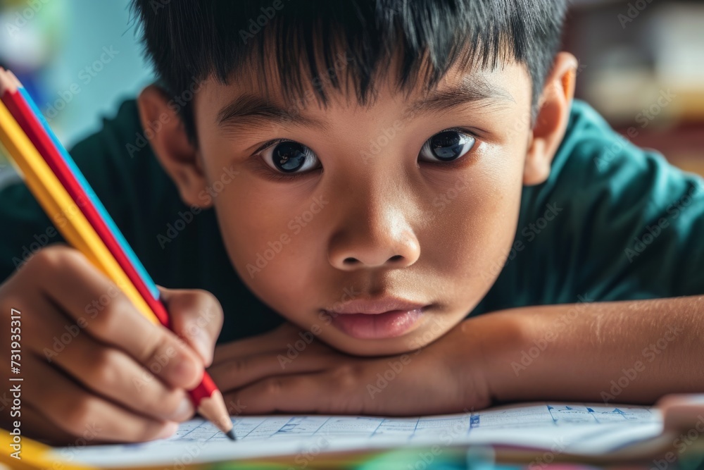 Close up portrait tired young little boy Japanese ethnic kid child studying hard lying on desk writing pencil homework upset bored looking at camera education troubles indoors school classroom lesson Close up portrait tired young little boy Japanese ethnic kid child studying hard lying on desk writing pencil homework upset bored looking at camera education troubles indoors school classroom lesson