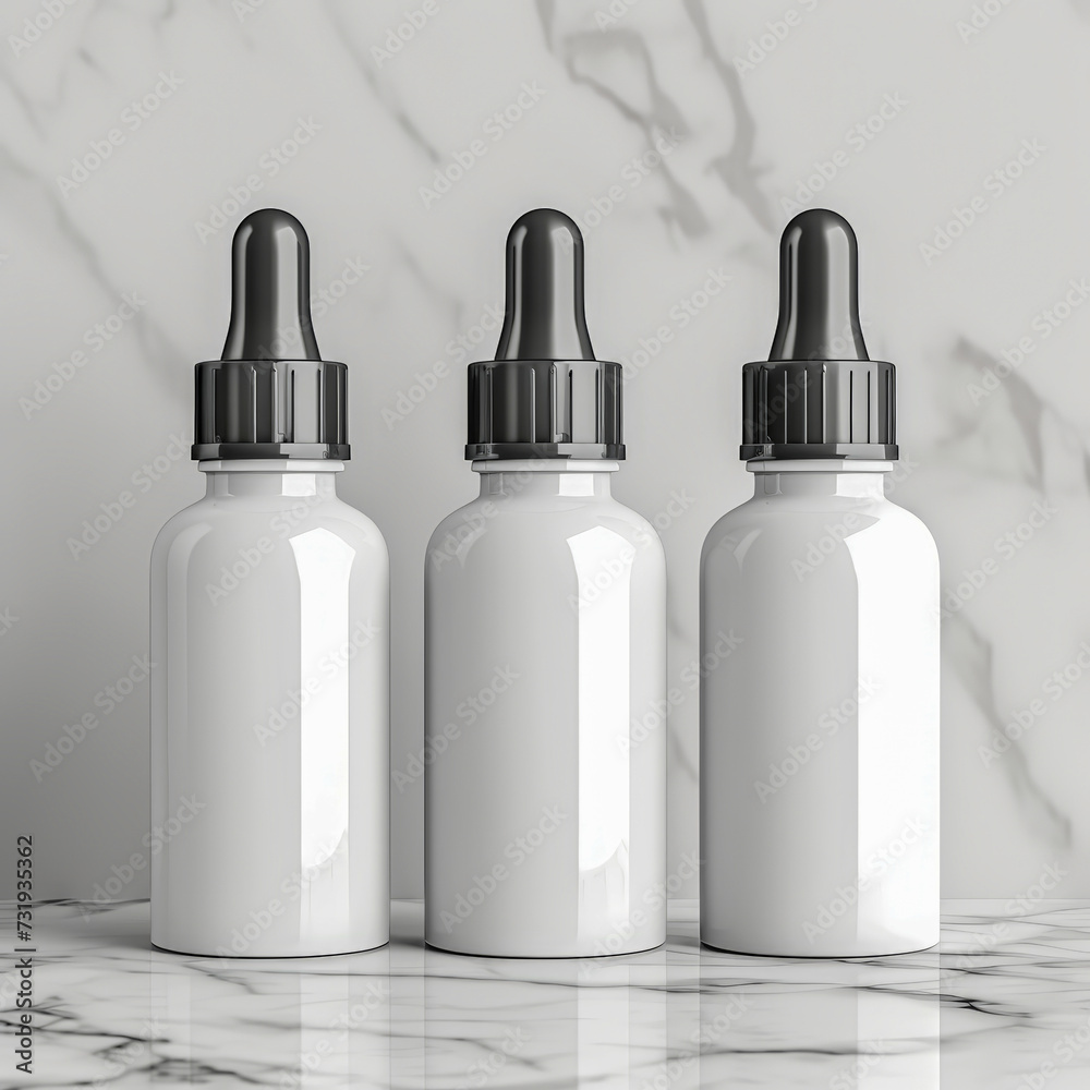 Mock up of three cosmetic dropper bottle on marble background, medical serum drop, white apothecary flask with pipette, blank dropper bottle Mock up of three cosmetic dropper bottle on marble background, medical serum drop, white apothecary flask with pipette, blank dropper bottle