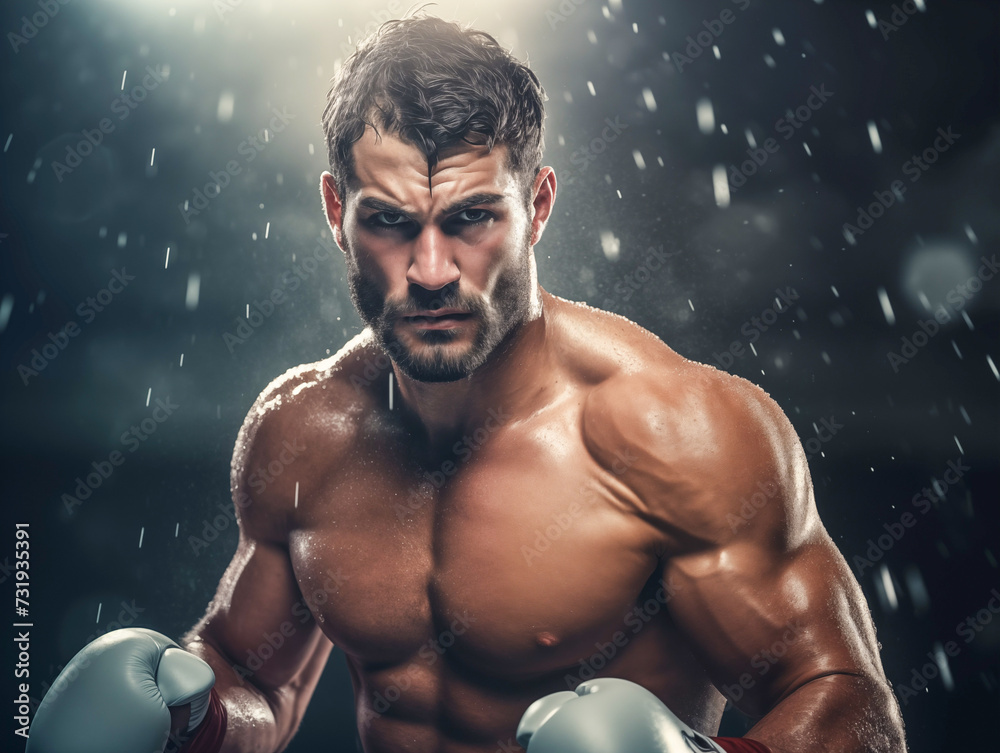 Close up of athlete boxer in white gloves, fit muscular Caucasian fighter, Sport concept