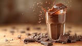 a glass of chocolate milkshake on a wooden table with chocolate chunks scattered around it and a spoon sticking out of the milkshake.