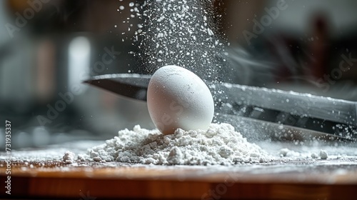 a white egg sitting on top of a pile of flour next to a knife on top of a cutting board.