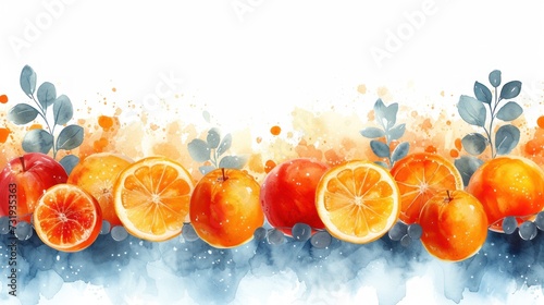 a watercolor painting of oranges and apples with leaves on a white background with a splash of watercolor.