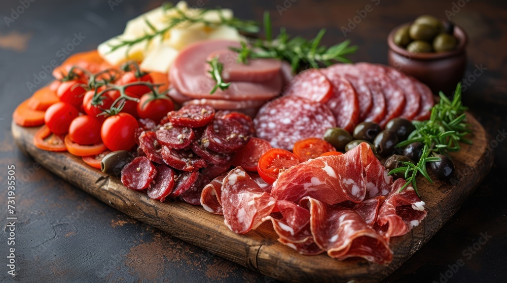 a platter of meats, olives, tomatoes, tomatoes, and olives on a wooden board.