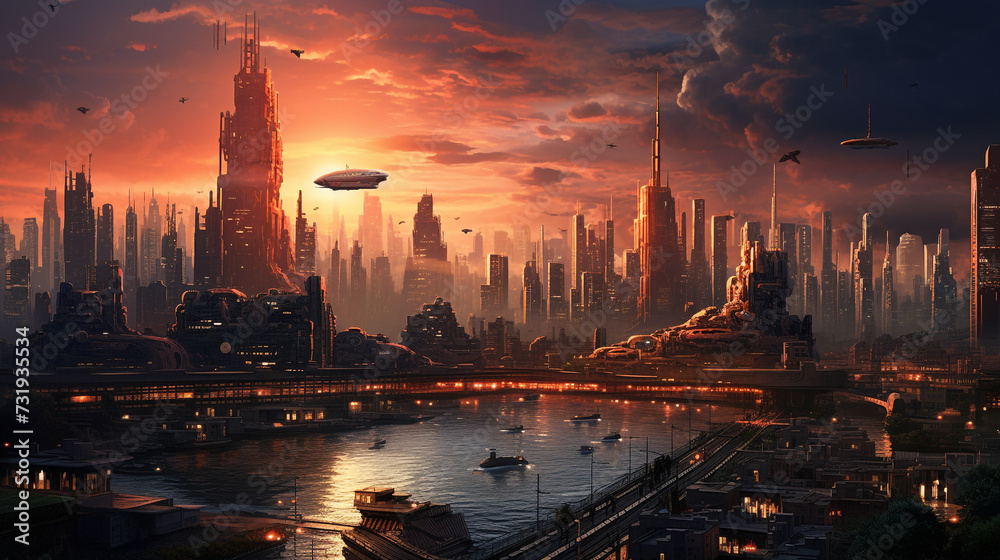 Urban skyline of busy city in the future. City dwellers are busy with daily affairs.