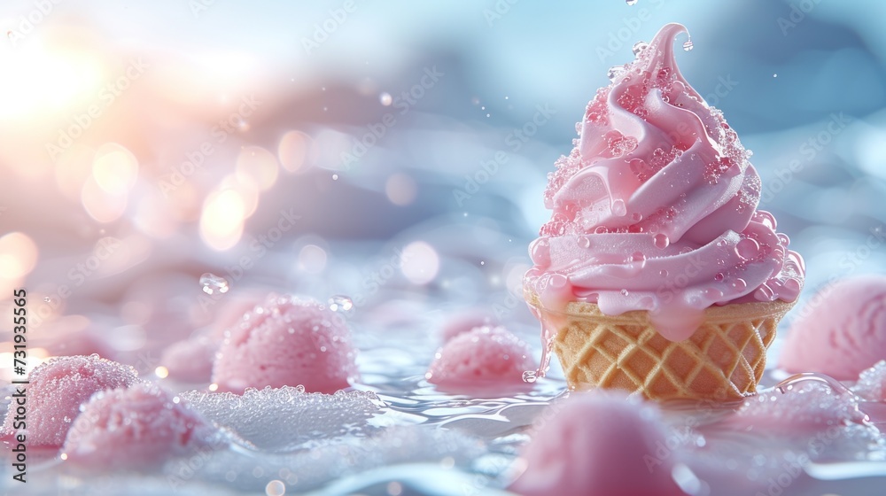 a pink ice cream cone sitting in the middle of a pile of pink ice cream on top of a table. a pink ice cream cone sitting in the middle of a pile of pink ice cream on top of a table.