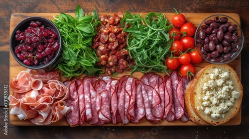 a wooden cutting board topped with meats and veggies next to a bowl of olives and tomatoes.