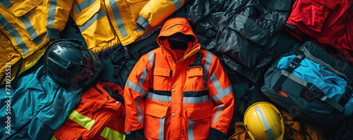 high-visibility emergency vests and helmets laid out for a rescue operation, safety and identification