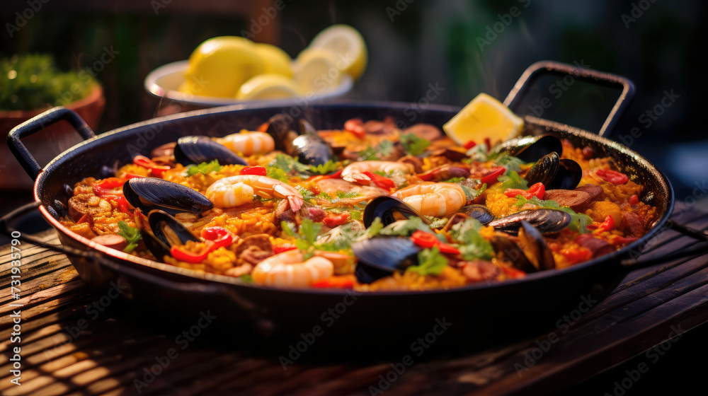 Healthy paella meal with seafood, meat, and fresh vegetables cooked Healthy paella meal with seafood, meat, and fresh vegetables cooked