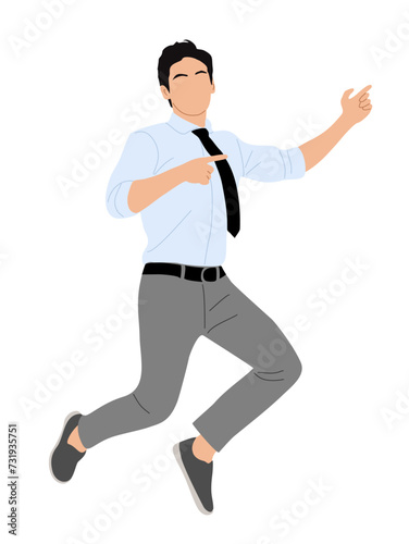 Business man character jumping, pointing to the side. Excited Handsome man wearing shirt, tie showing direction with his arms. Vector realistic illustration isolated on white background.