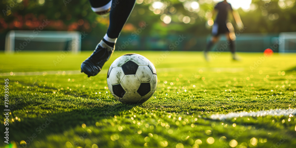 Soccer player dribbling a ball during match in the stadium, football player  