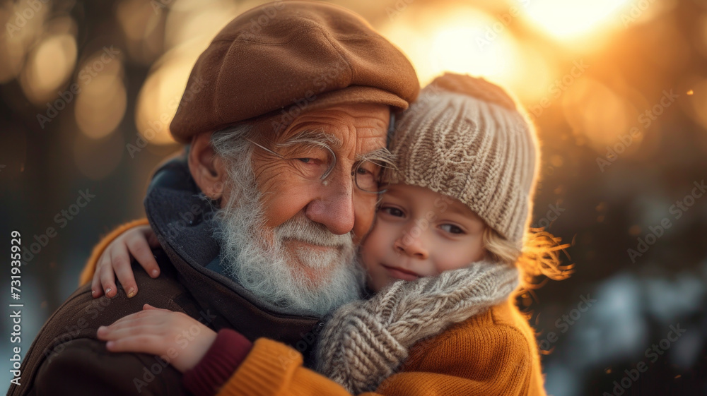 Fototapeta premium Intergenerational joy in a tender moment. Grandparent and grandchild share a warm embrace, portraying the beauty of unconditional love, family, and togetherness.