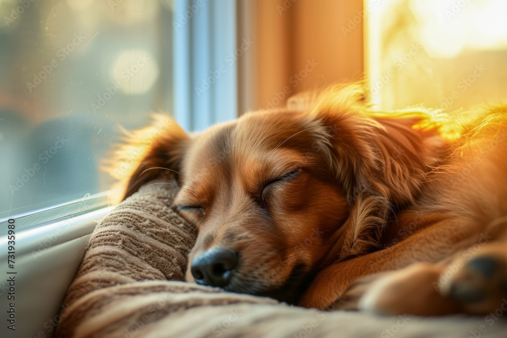 A cute dog laying down comfortably on his bed by the window