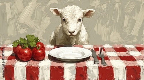 a painting of a lamb sitting at a table with a plate of tomatoes and a knife and fork on it. photo