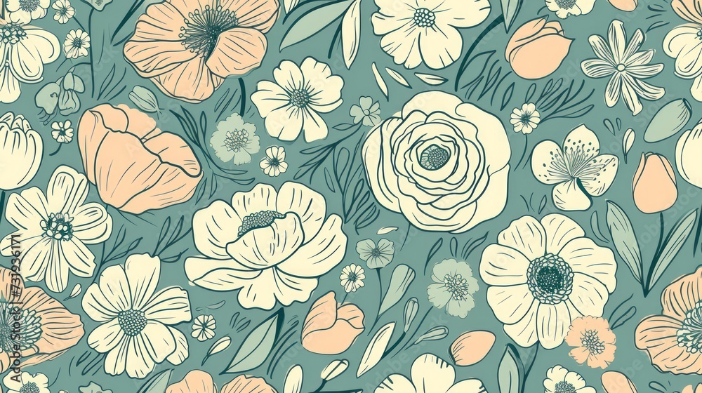flower, doodle, seamless pattern, on green pastel background flower, doodle, seamless pattern, on green pastel background