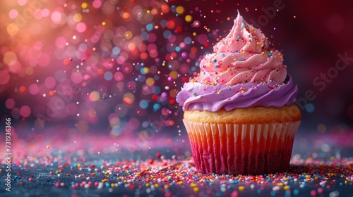 a cupcake with pink frosting and sprinkles on a purple and pink background with colorful lights. photo