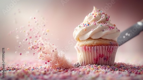 a cupcake with white frosting and sprinkles with a knife sticking out of the cupcake. photo