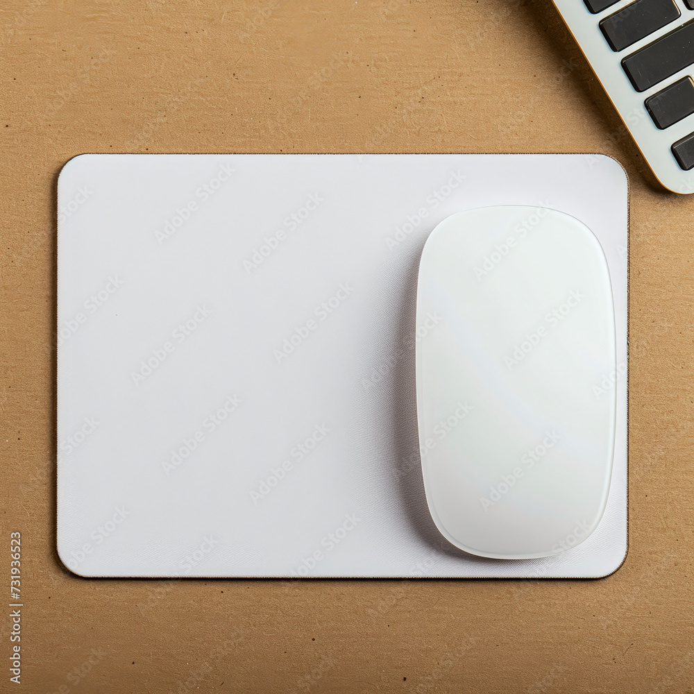 Blank Mousepad Mockup: A minimalist white mousepad with a wireless white mouse, perfect for showcasing your logo or branding. The mousepad is positioned on a light brown surface Blank Mousepad Mockup: A minimalist white mousepad with a wireless white mouse, perfect for showcasing your logo or branding. The mousepad is positioned on a light brown surface