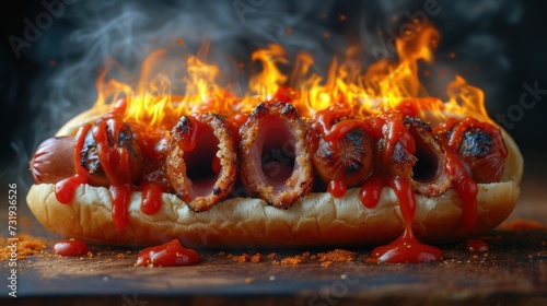 a hot dog on a bun covered in ketchup and ketchup on a bun with flames coming out of it.