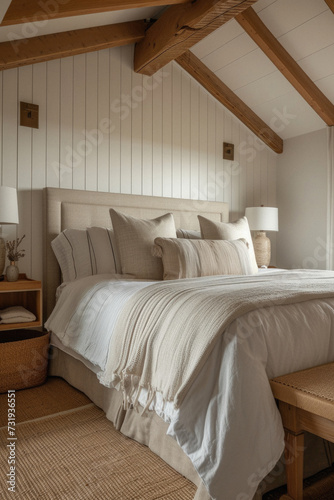 Cozy bedroom interior design. Modern light house or hotel room with comfortable large king size bed, luxury linen and stylish trendy minimal or classic decor background. Bedroom home furniture shop . © Synthetica