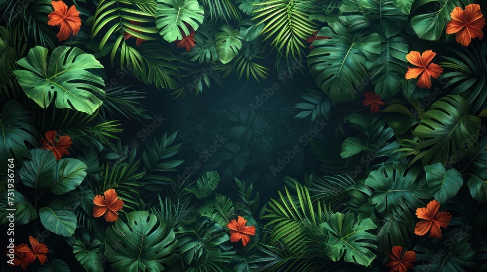 a group of green leaves and orange flowers on a dark background with a place for an inscription in the center. a group of green leaves and orange flowers on a dark background with a place for an inscription in the center.