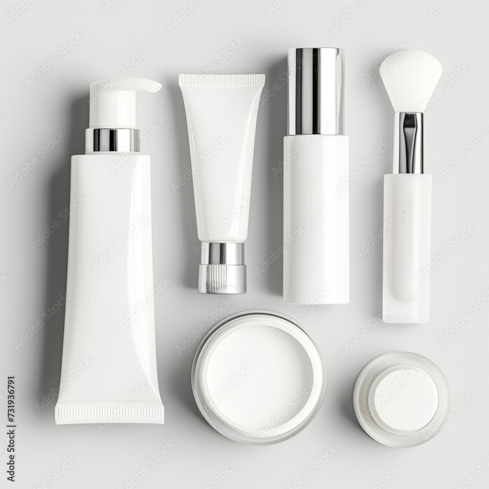The Beauty of Blank: A minimalist flat lay of pristine white cosmetic containers on a sleek gray background, offering a clean slate for branding and design. The Beauty of Blank: A minimalist flat lay of pristine white cosmetic containers on a sleek gray background, offering a clean slate for branding and design.