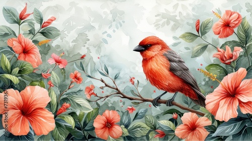 a painting of a red bird sitting on a branch of a tree with pink flowers and green leaves around it.