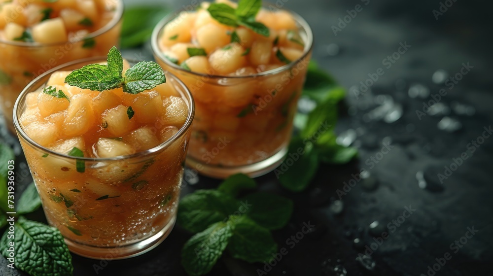 three glasses filled with fruit and mint garnish on top of a black surface with water droplets on the glass. three glasses filled with fruit and mint garnish on top of a black surface with water droplets on the glass.