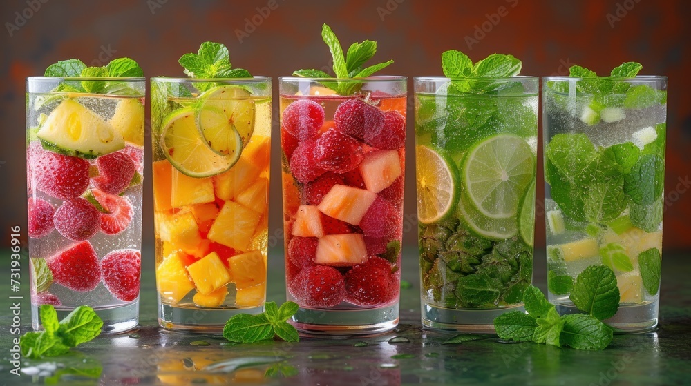a group of four glasses filled with different types of fruits and veggies in water with mint, lemon, lime, rasp, lime, lime, and watermelon. a group of four glasses filled with different types of fruits and veggies in water with mint, lemon, lime, rasp, lime, lime, and watermelon.