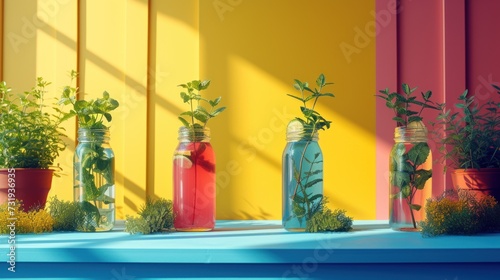 a row of vases filled with plants sitting on top of a blue shelf next to a yellow and pink wall. photo