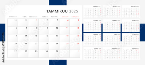 Calendar 2025 in Finnish Language. Wall calendar for 2024 in classic minimalist style. Week starts on Monday. Set of 12 months. Corporate Planner Template. A4 format horizontal. Vector graphics