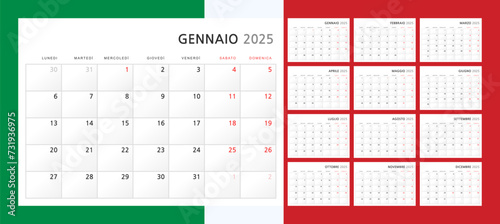 Calendar 2025 in Italian. Wall quarterly calendar for 2024 in a classic minimalist style. Week starts on Monday. Set of 12 months. Corporate Planner Template. A4 format horizontal. Vector graphics