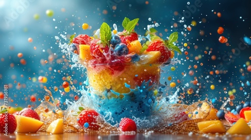 a blue cup filled with fruit and splashing water on top of a wooden table with a blue sky in the background.